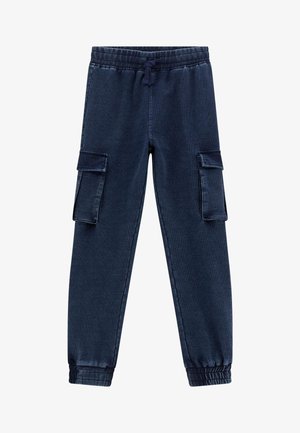 Marineblaue Cargo-Hosen mit elastischem Bund, Kordelzug und zwei Seitentaschen. Hergestellt aus Denim-Stoff mit gerippten Bündchen an den Knöcheln.