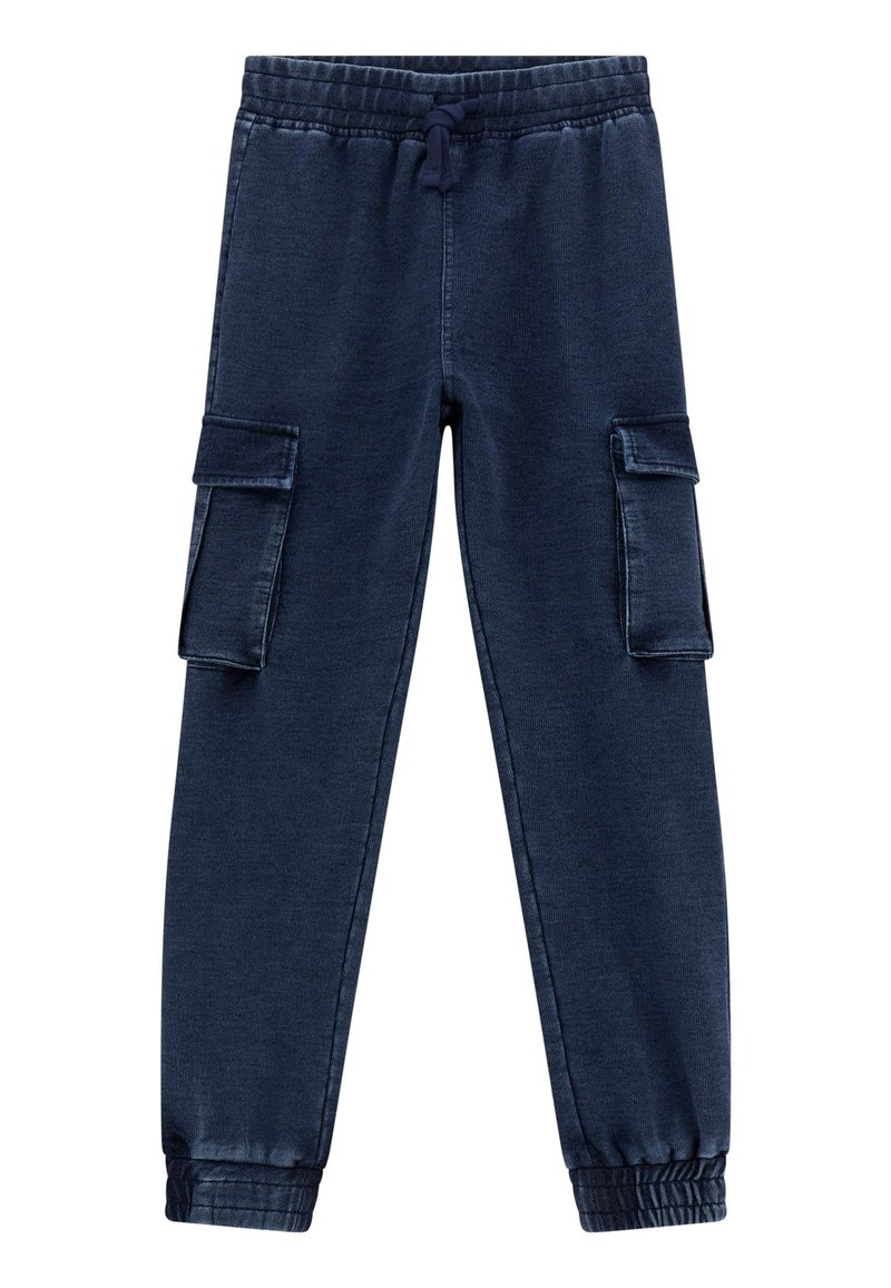 Marineblaue Cargo-Hosen mit elastischem Bund, Kordelzug und zwei Seitentaschen. Hergestellt aus Denim-Stoff mit gerippten Bündchen an den Knöcheln.