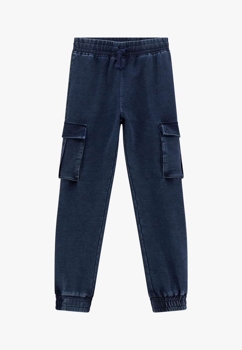 Pantalons cargo bleu marine avec taille élastique, cordon de serrage et deux poches latérales. Fabriqués en tissu denim avec des bords côtelés aux chevilles.