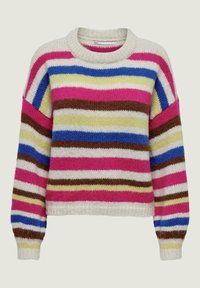 Maglione a righe multicolore con tonalità di rosa, blu, giallo, marrone e bianco. Collo rotondo e polsini a coste realizzati in materiale morbido e lavorato.