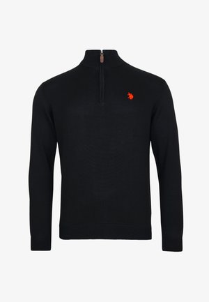 Fekete zip-záras pulóver, testhez simuló kialakításban, sima anyagból készült; a mellkason egy kis piros logóval és bordás mandzsettákkal rendelkezik.