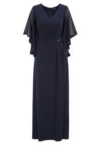 Mörkblå maxi-klänning med V-ringning, genomskinliga ärmar med volanger och en rynkad midja som accentueras av en dekorativ brosch. Släthet och flödande tyg.