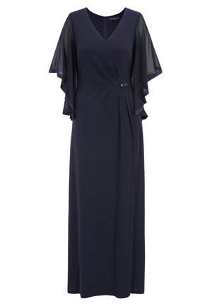 Navy blue maxi dress with a V-neck, sheer flutter sleeves, and a ruched waist accentuated by a decorative brooch. Smooth, flowing fabric.