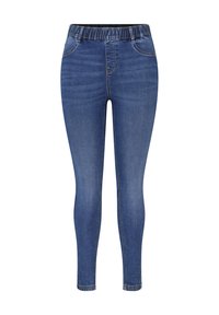 Jeggings en denim bleu avec une taille élastique, une coupe ajustée, un design à cinq poches et un subtil détail de couture le long des coutures.