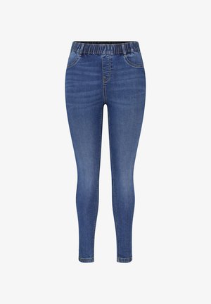Jeggings en denim bleu avec une taille élastique, une coupe ajustée, un design à cinq poches et un subtil détail de couture le long des coutures.