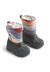 Χρωματιστά μόνιμα χειμερινά μποτάκια με πολύχρωμο επάνω μέρος που διαθέτει σχέδιο κυμάτων, μαύρες καουτσούκ σόλες και μαλακή συνθετική γούνα εσωτερικά.