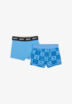 Due paia di boxer da ragazzi: uno azzurro chiaro semplice con una fascia nera "Molo", e uno blu a fantasia con vari disegni di volti.