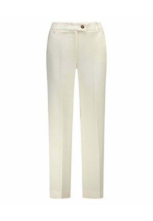 Pantalon droit de couleur crème avec fermeture à bouton et zip, passants pour ceinture, et plis marqués à l'avant.