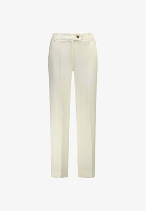 Pantaloni a gamba dritta color crema con chiusura a bottone e zip, passanti per cintura e dettagli con piega frontale.