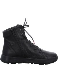 Black leather ankle boots featuring a textured finish, front lacing, and a side zipper. Rubber sole provides traction and durability.