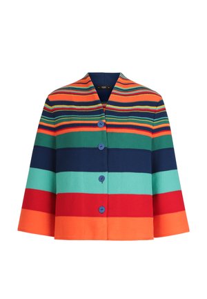 Knopfjacke mit weiten Ärmeln und horizontalen Streifen in Orange, Rot, Türkis, Marineblau, Grün, Gelb und Dunkelblau.