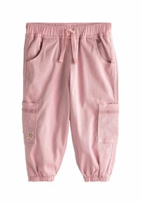 Pantaloni cargo roz din bumbac, cu talie elastică, șnur de ajustare, buzunare laterale și manșete strânse. Prezentând o patch decorativ pe picior.