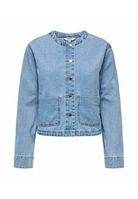 Light blue denim jacket with long sleeves, round neckline, front buttons, and two large patch pockets. The fabric has a smooth texture.