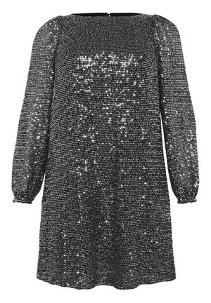 Robe noire avec de longues manches bouffantes et un tissu texturé recouvert de sequins, créant un effet motif et scintillant à travers toute la robe.