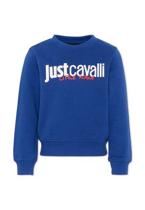 Felpa blu a maniche lunghe con girocollo, con scritte bianche "Just Cavalli" e rosse "Little Rogue" sul davanti.