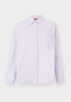 Hellpurpurnes Hemd mit vertikalen Streifen, einer einzigen Brusttasche und einem Kragen. Es hat lange Ärmel mit breiten Aufschlägen und einem dezenten Logodetail.