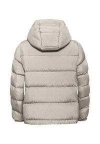 Giacca puffer grigia chiara con cappuccio, polsini elasticizzati e trapunta orizzontale, mostrata dal retro su uno sfondo bianco.