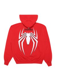 Rød hættetrøje lavet af bomuldsblanding, med et stort hvidt Spider-Man-logo på ryggen, samt en frontlomme i kangaroo-stil og justerbar hætte.