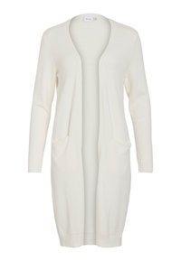 Lång vit cardigan med öppen framsidan, ribbade muddar och nederkant, två framfickor och en mjuk stickad textur.