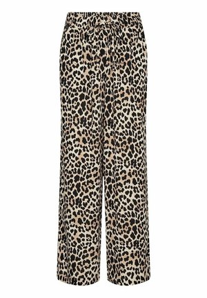 Pantalon à jambes larges avec motif léopard beige, noir et marron, taille avec cordon de serrage noué sur fond blanc.