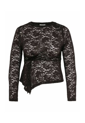 Zwarte kanten blouse met lange mouwen, bloemmotief, asymmetrische zoom en halfdoorzichtige stof.