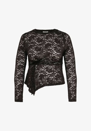 Svart bluse med lange ermer i blonder, blomsterpattern, asymmetrisk kant og semitransparent stoff.