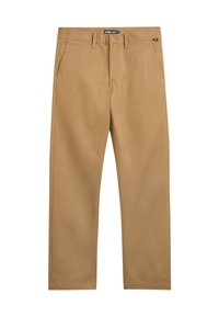 Khaki chinos med rak passform, knappstängning, två framfickor och en liten logotags. Slät bomullstyg med en enkel struktur.