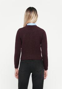 Pull en tricot bordeaux avec des manches longues et un col rond, associé à une chemise bleu clair à col en dessous, vu de dos.