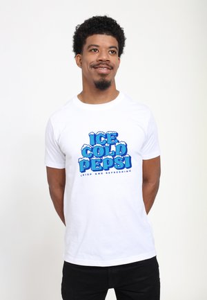 White cotton t-shirt featuring blue, bold graphic text reading “ICE COLD PEPSI” with icy accents; crew neck, short sleeves.