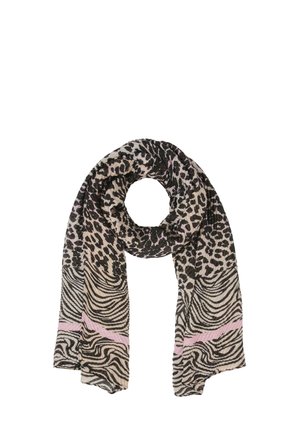 Sciarpa lunga in tessuto con stampe animate miste, tra cui motivi leopardati e zebra, in nero, beige e accenti rosa chiaro.