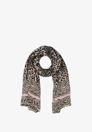Sciarpa lunga in tessuto con stampe animate miste, tra cui motivi leopardati e zebra, in nero, beige e accenti rosa chiaro.