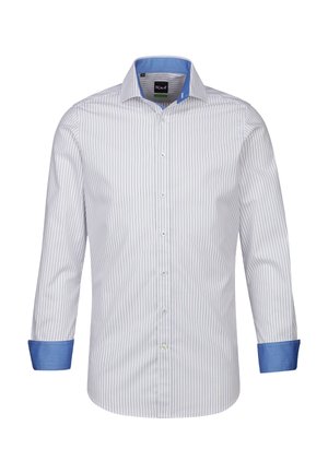 Camicia a righe bianca con righe blu chiaro e grigie. Presenta un colletto blu e dettagli sui polsini, con una texture di tessuto liscia.