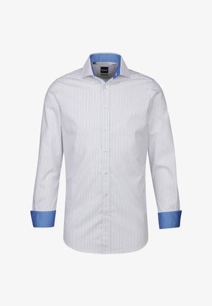 Camicia a righe bianca con righe blu chiaro e grigie. Presenta un colletto blu e dettagli sui polsini, con una texture di tessuto liscia.