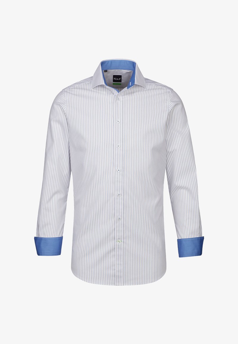 Camicia a righe bianca con righe blu chiaro e grigie. Presenta un colletto blu e dettagli sui polsini, con una texture di tessuto liscia.