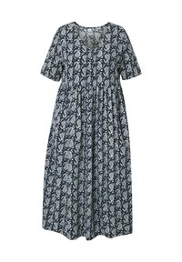 Marineblaues kurzärmeliges Kleid mit V-Ausschnitt, das ein florales Paisleymuster in Weiß aufweist. A-Linien-Silhouette mit gerafftem Detail an der Taille.