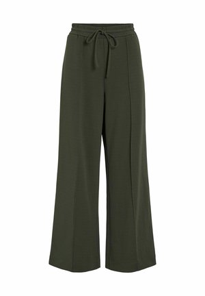 Pantalons palazzo vert olive en tissu doux, dotés d'une taille élastique avec cordon de serrage et de coutures latérales verticales pour un détail supplémentaire.
