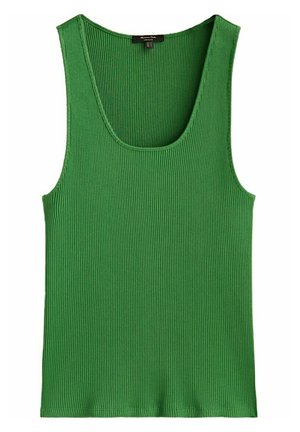 Green ribbed sleeveless tank top with rounded neckline, made of stretchy knit fabric.