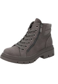 Bottines grises avec une finition en suédine texturée, lacets devant, fermeture éclair sur le côté et une semelle en caoutchouc robuste. Col rembourré pour le soutien.
