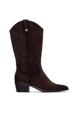 Bota western de ante marrón oscuro hasta la mitad de la pantorrilla con un tacón bajo apilado y costuras decorativas en la caña.