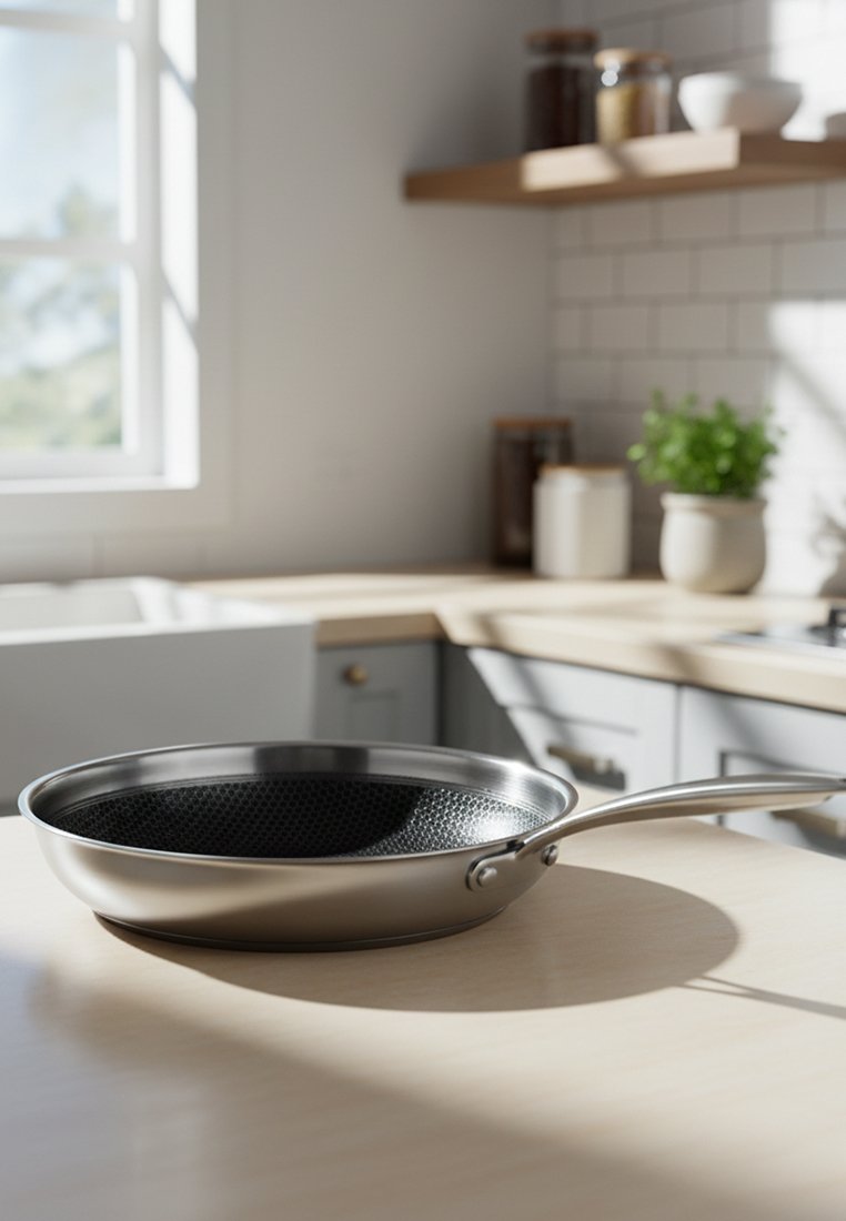 Edelstahl-Bratpfanne mit strukturierter Antihaftbeschichtung im Inneren auf einer Küchenarbeitsplatte, neben einem Fenster und einer gefliesten Rückwand.