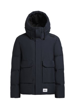 Mēteļa krāsas pūkains jaka ar augstu apkakli, lielām priekšējām kabatām un regulējamu kapuci. Uz priekšnola ir logotipa aplikācija. Tekstūras materiāls.