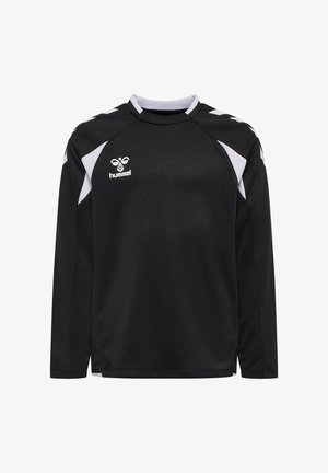 Schwarzes Sporttrikot mit langen Ärmeln, weißen Akzenten an den Schultern und weißem Hummel-Logo auf der linken Brust.