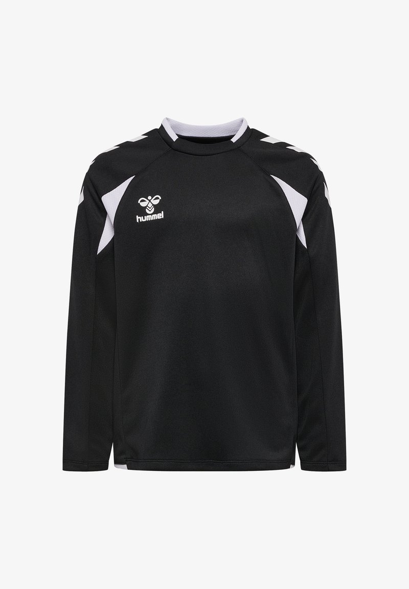 Schwarzes Sporttrikot mit langen Ärmeln, weißen Akzenten an den Schultern und weißem Hummel-Logo auf der linken Brust.