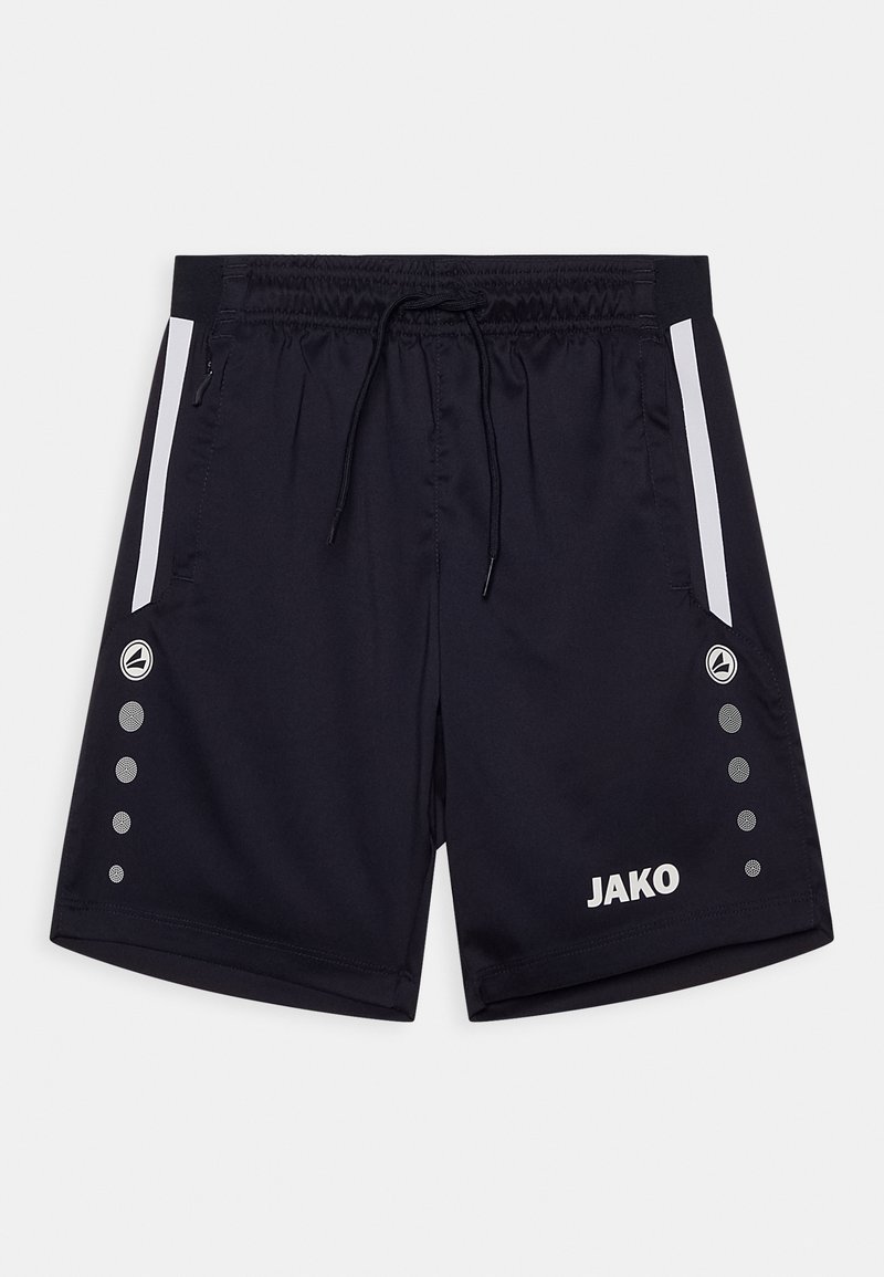 Dunkelblaue Sportshorts mit weißen Seitenstreifen, elastischem Bund, Kordelzug und JAKO-Logo. Mit dekorativen kreisförmigen Akzenten an der Seite.