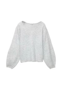 Lichtgrijs kort sweater met een V-halslijn, lange mouwen met een drop shoulder en een comfortabele pasvorm. Gemaakt van een zachte, gestructureerde stof.