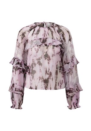 Przezroczysta bluzka w różowo-szary wzór tie-dye z długimi falbaniastymi rękawami i otworem przy karku. Miękka tkanina o płynnym kroju.