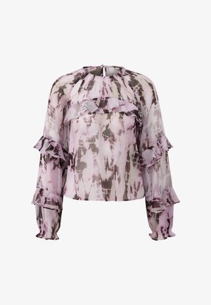 Blusa trasparente in tie-dye rosa e grigio con maniche lunghe arricciate e dettaglio a occhiello sulla schiena. Tessuto morbido con un design fluente.