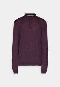 Polo manches longues violet foncé avec trois boutons et poignets côtelés aux manches et à l'ourlet sur fond uni.