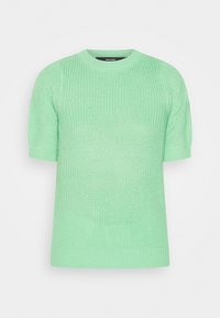 Miętowozielony sweter z krótkim rękawem, dziany, o prążkowanej fakturze. Okrągły dekolt i dopasowane mankiety. Lekki i oddychający fason.