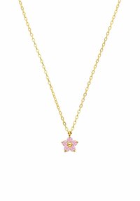 Gouden ketting met een stervormige hanger versierd met paarse edelstenen, met een gladde textuur en een verfijnd ontwerp.
